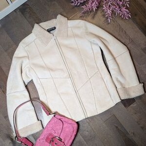 Vintage Cream Shearling-Trim Zip Jacket